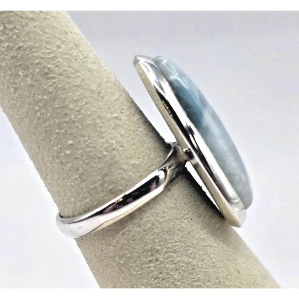 Blue Larimar Gemstone Ring Size 7 Sterling Silver‎ 925 Tide-Shaped Handmade NWOT